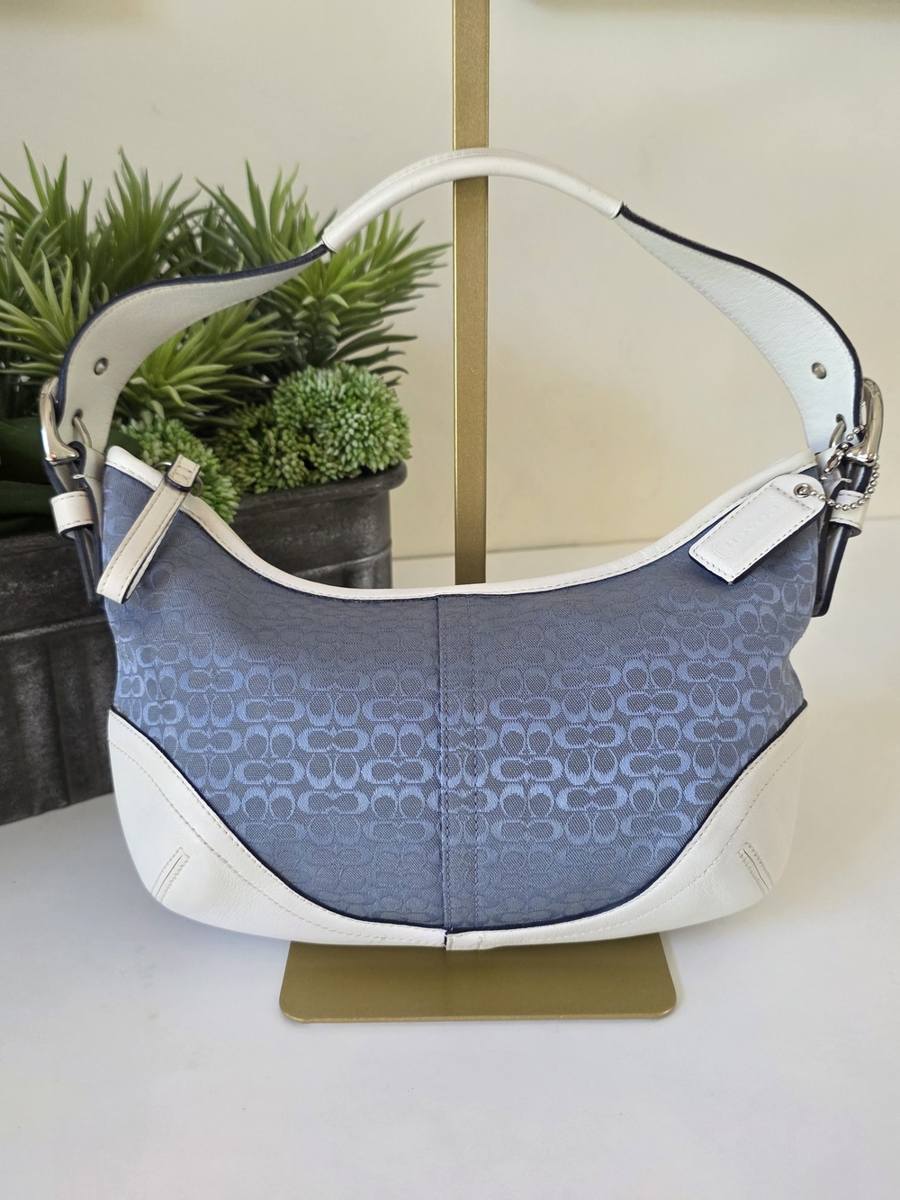 Coach Soho Signature Jacquard Hobo Shoulder Bag Denim Blue White Leather Y2K